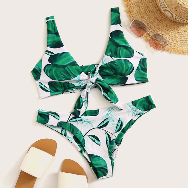 

Leaf Print Knot Front Bikini Set, Multicolor