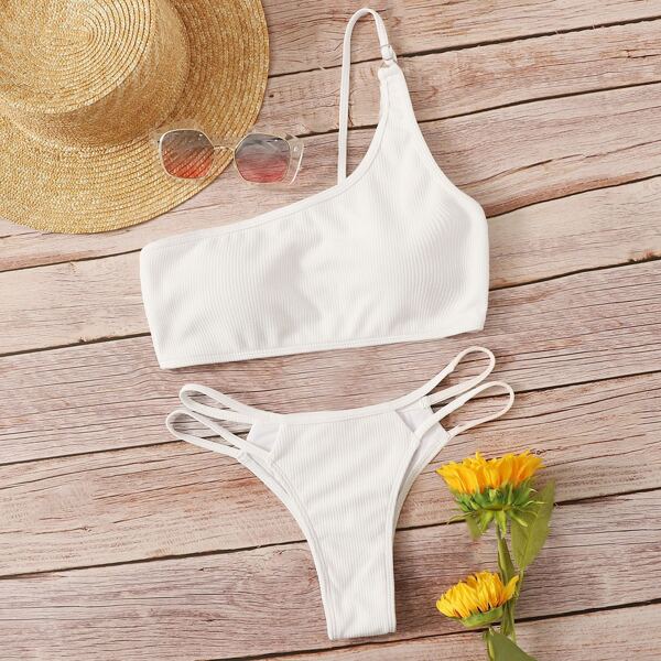 

Rib-knit One Shoulder Top With Cut-out Bikini