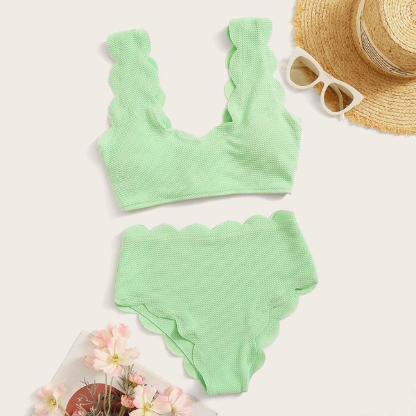 

Scallop Trim High Waist Textured Bikini Set