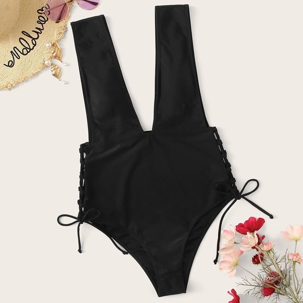 

Lace-up Side Plunging Neck One Piece Swimsuit