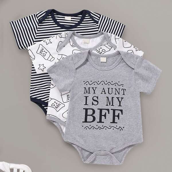 

Baby Slogan Print Romper & Bottle Print Romper & Striped Romper 3pcs