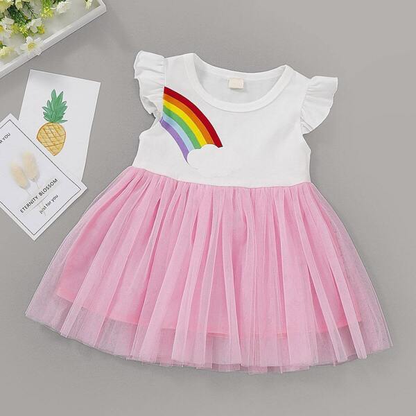 

Baby Rainbow Print Contrast Mesh A-line Dress