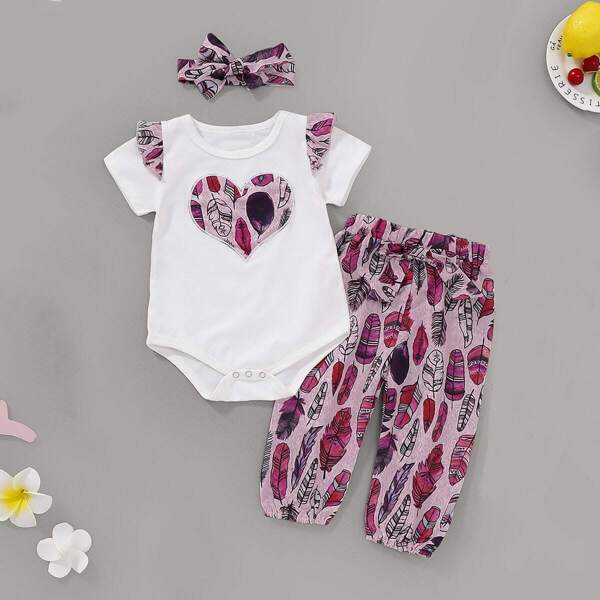 

Baby Feather Print Romper With Bow Pants & Headband