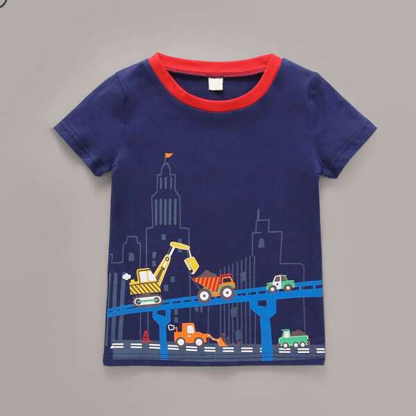

Toddler Boys Cars Print Contrast Trim Tee, Navy blue