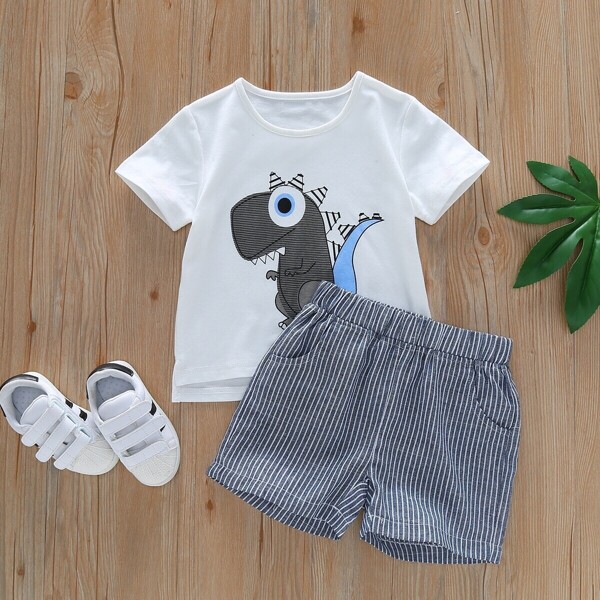

Toddler Boys Dinosaur Graphic High Low Tee With Striped Shorts, Multicolor