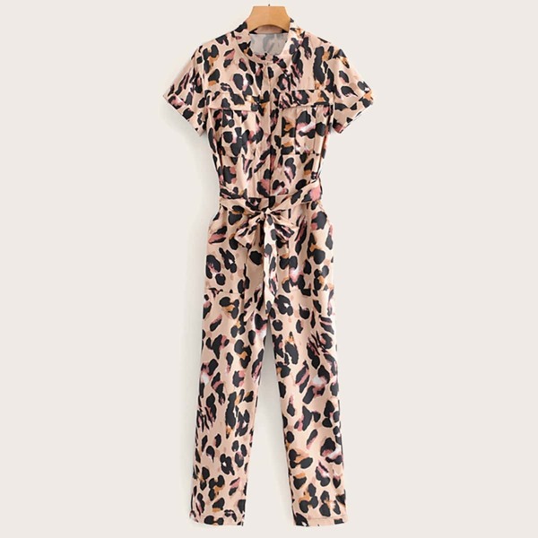 

Self Tie Leopard Print Utility Jumpsuit, Multicolor