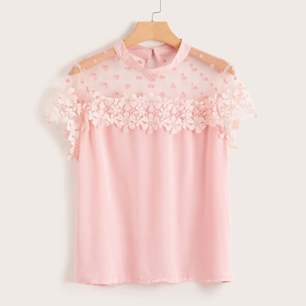 

Plus Contrast Mesh Guipure Lace Blouse, Pink