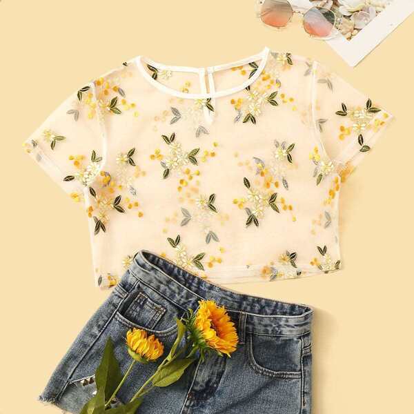 

Floral Embroidered Sheer Mesh Blouse
