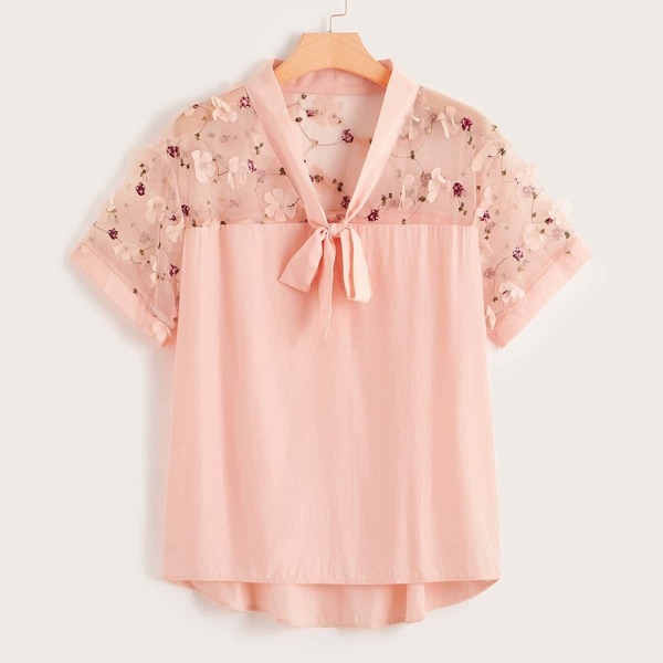 

Plus Contrast Mesh Tie Neck Stereo Flowers Blouse