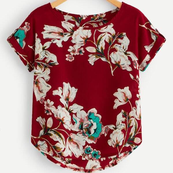 

Plus Floral Print Dip Hem Blouse