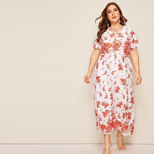 

Plus Surplice Front Floral Print Dress