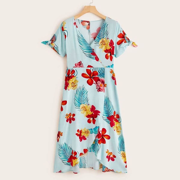 

Surplice Floral Print Knot Cuff Dress