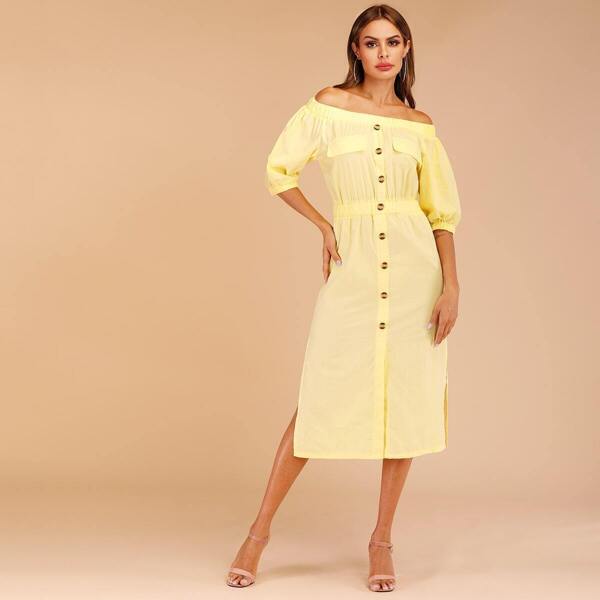 

Button Front Off The Shoulder Split Dress