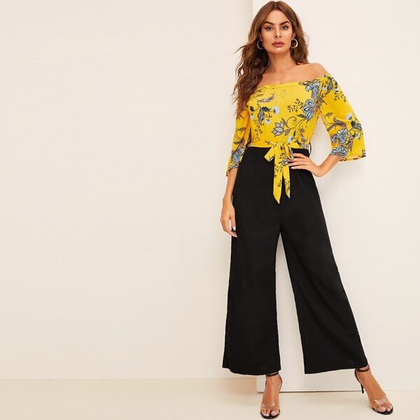 

Floral Print Belted Wide Leg Combo Jumpsuit