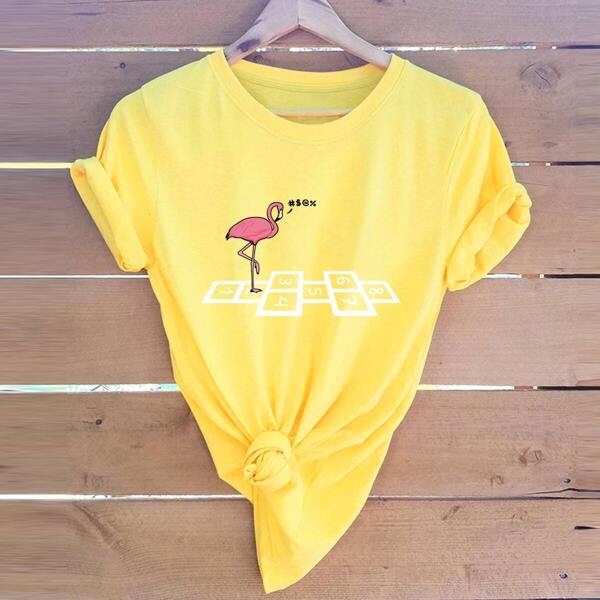 

Plus Letter And Flamingo Print Tee, Yellow