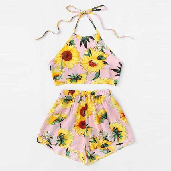 

Plus Sunflower Print Halter Top With Shorts