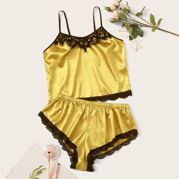 

Contrast Lace Satin Cami Top With Shorts