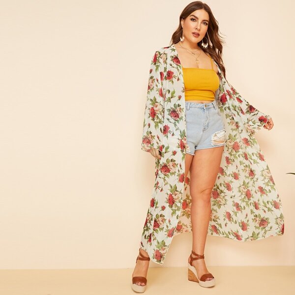 

Plus Flower Print Kimono, Multicolor