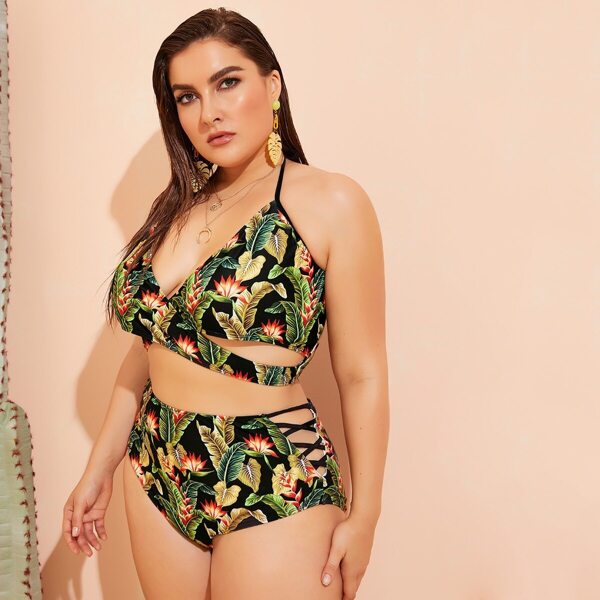 

Plus Tropical Cross Top With High Waisted Bikini, Multicolor