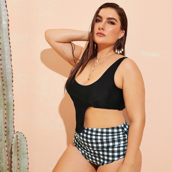 

Plus Gingham High Waist Mix & Match Bikini, Black and white