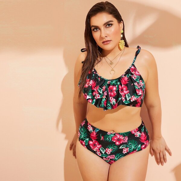 

Plus Floral Flounce Top With High Waist Bikini