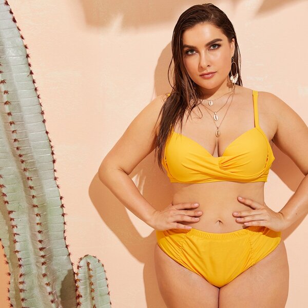 

Plus Cut-out Top With Ruched High Waist Bikini, Yellow