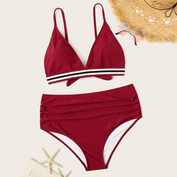 

Plus Striped Trim Top With High Waist Bikini