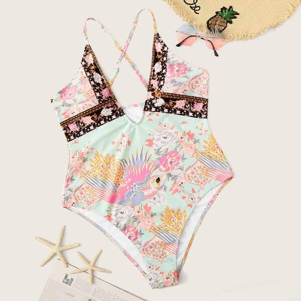 

Plus Floral Criss Cross Plunging One Piece Swimwear, Multicolor