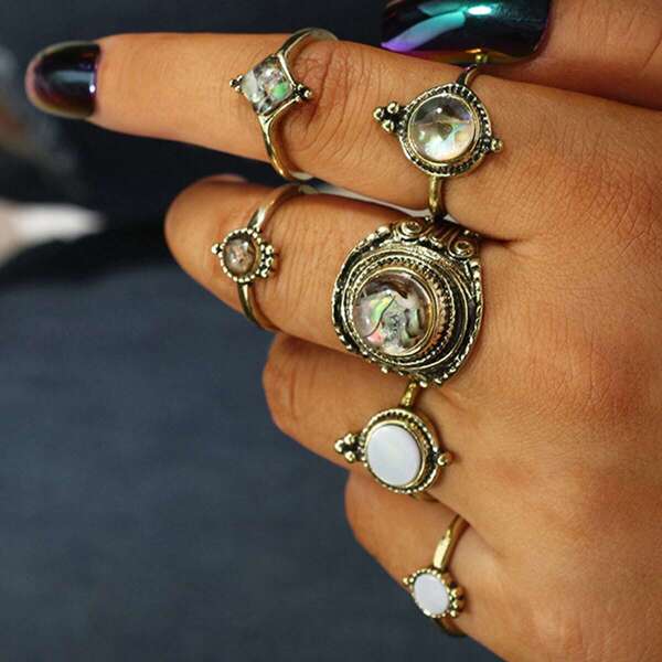 

Gemstone Engraved Ring Set 6pcs, Multicolor