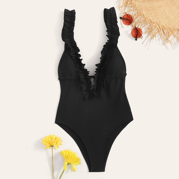 

Frill Trim Drawstring Open Back One Piece Swimwear, Black