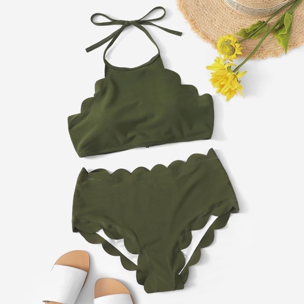 

Scalloped Trim Halter Top With High Waist Bikini