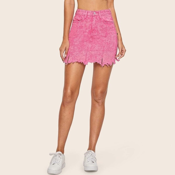 

Raw Hem Denim Skirt, Pink