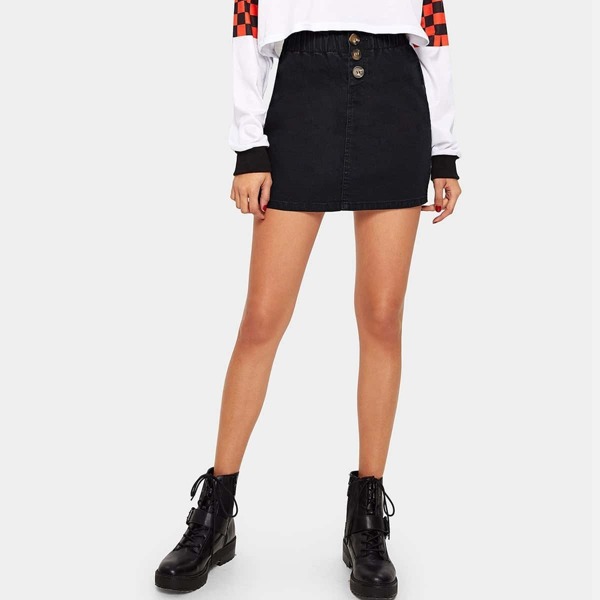 

Elastic Waist Single Breasted Denim Skirt