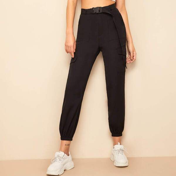 

Elastic Hem Tapered Pants With Buckle Belt