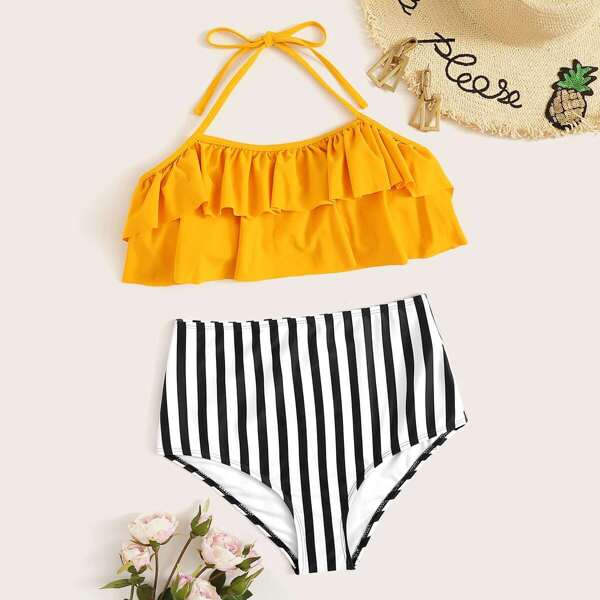

Flounce Top With Random Striped High Waist Bikini Set