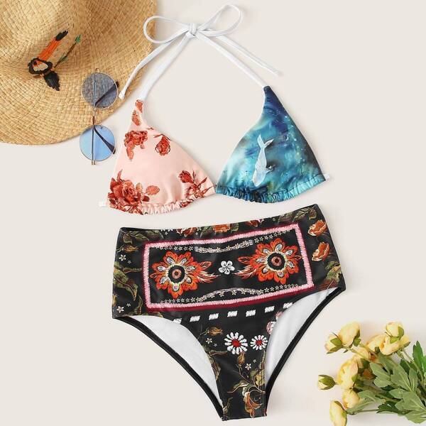 

Random Floral Triangle Top With High Waist Bikini Set