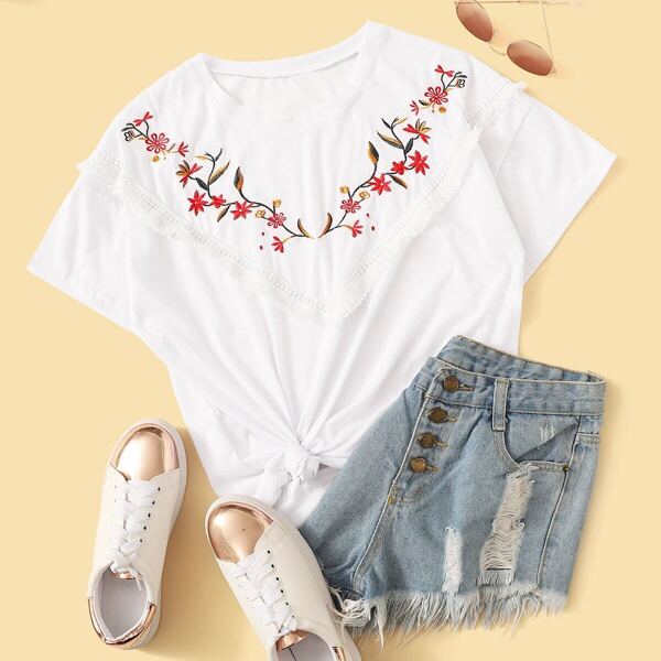 

Flower Embroidery Chevron Fringe T-shirt