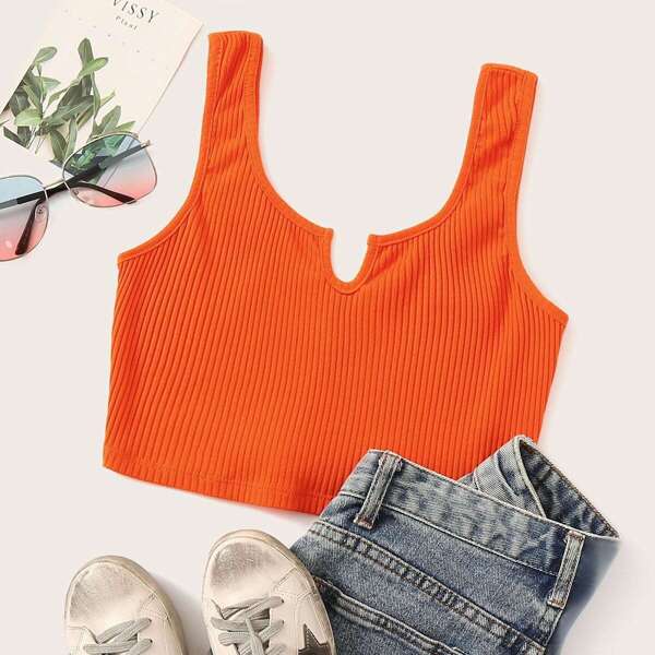 

Neon Orange Notched Front Rib-knit Crop Tank Top, Orange bright