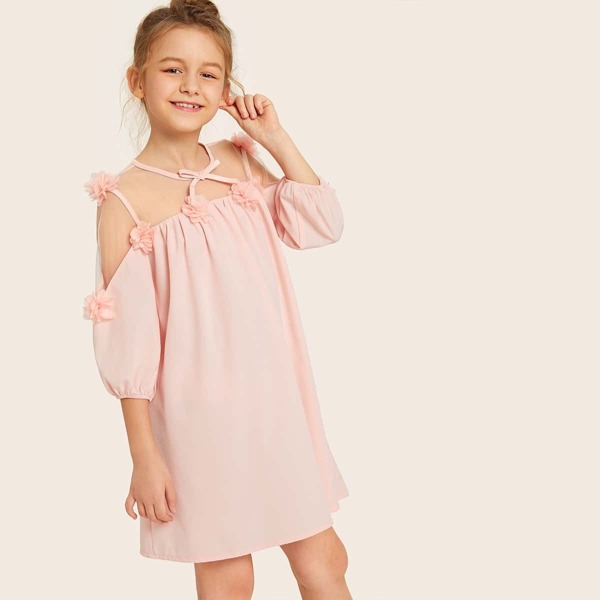

Girls 3D Appliques Floral Bow Front Mesh Yoke Trim Dress