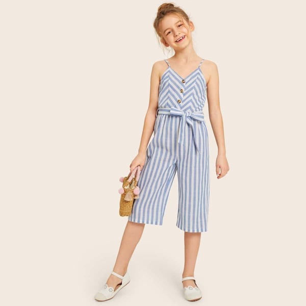 

Girls Button Front Striped Belted Tank Jumpsuit