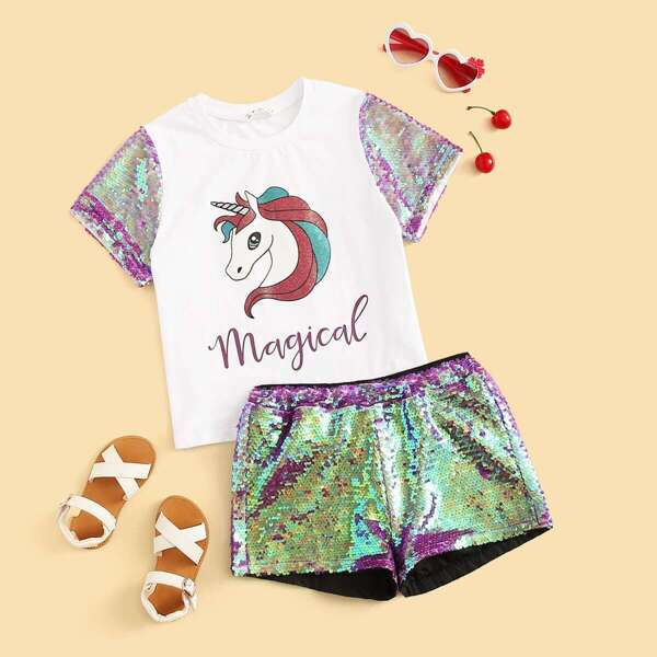 

Girls Unicorn and Letter Top and Sequin Shorts Set