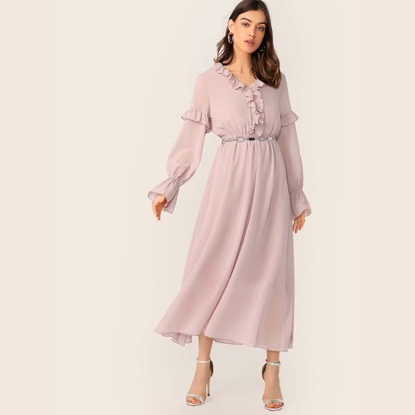 

Ruffle Trim Bell Sleeve Dress Without Belt, Pink