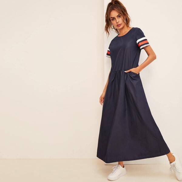 

Striped Colorblock Sleeve Pocket Side Dress