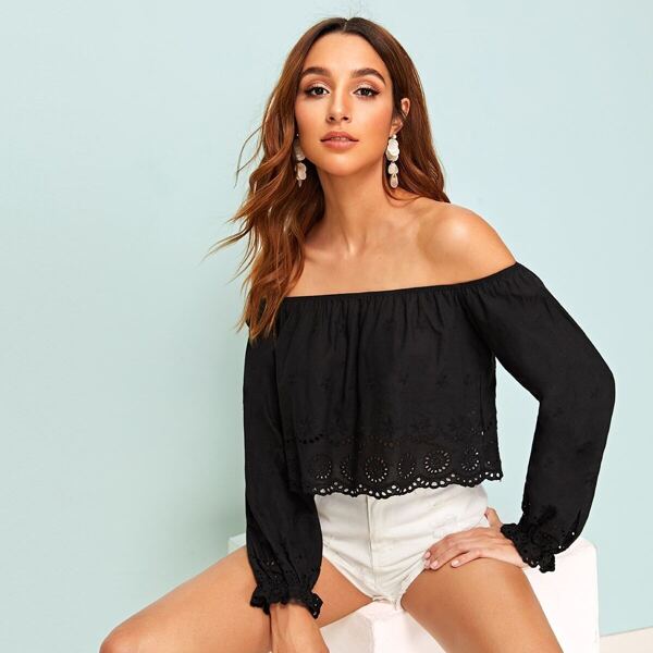 

Lace Laser Cut Off Shoulder Crop Top, Black