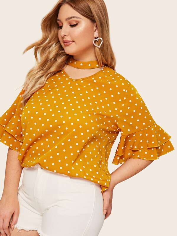 

Plus Polka-dot Layered Sleeve Top, Yellow, Nora
