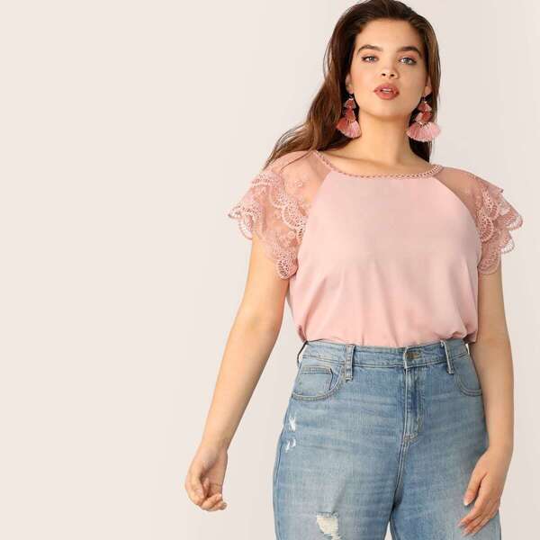 

Plus Raglan Lace Detail Mesh Shoulder Blouse