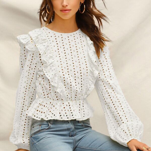 

Ruffle Detail Embroidered Eyelet Peplum Top, White