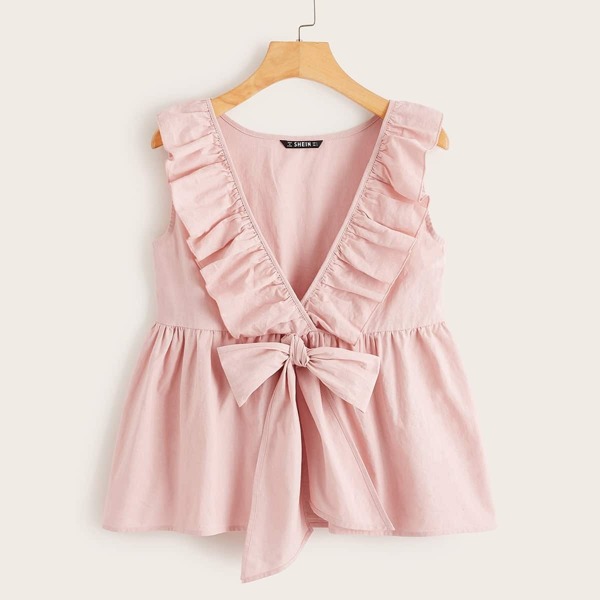 

Plunging Tie Front Ruffle Trim Peplum Top, Pink