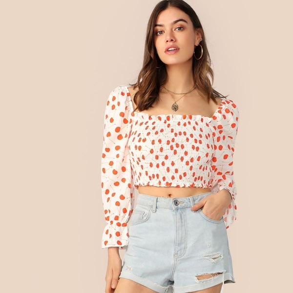 

Frill Trim Lantern Sleeve Shirred Crop Top