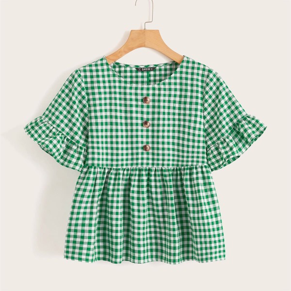 

Gingham Button Front Ruffle Cuff & Hem Blouse, Green